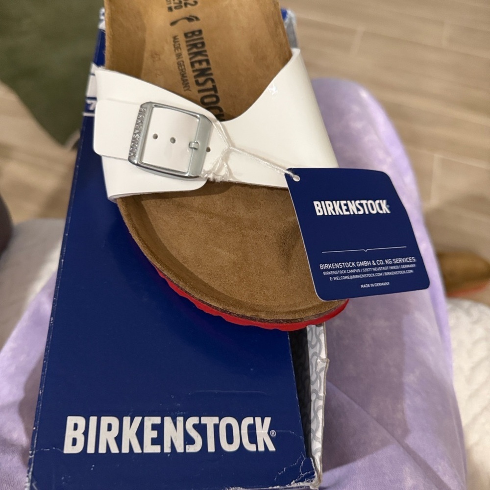 Birkenstock Madrid White Sandals with Red Soles and Silver Buckle NWT SZ 11 - Picture 7 of 10